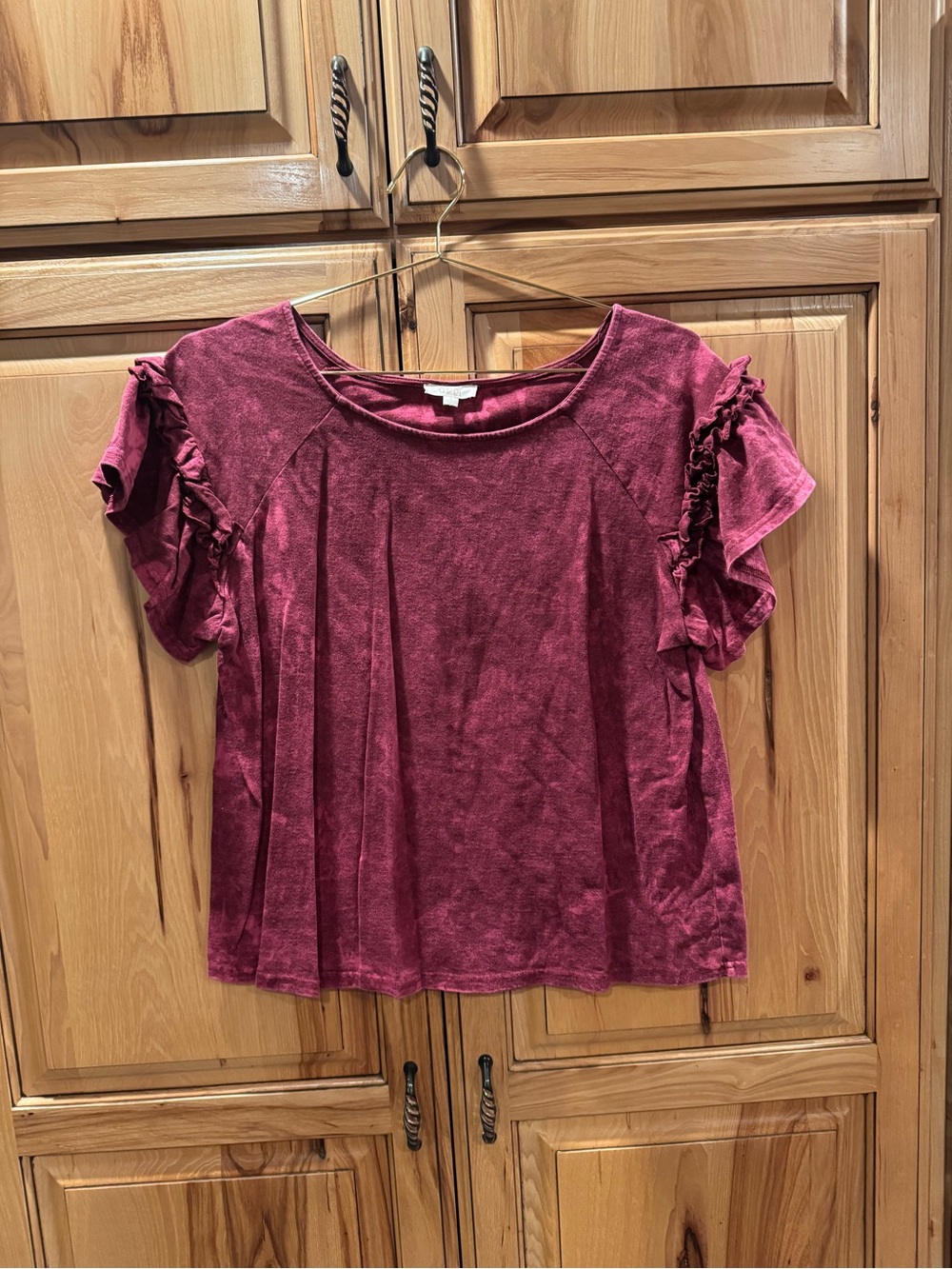 ODDY Washed Burgundy Ruffle Sleeve Top